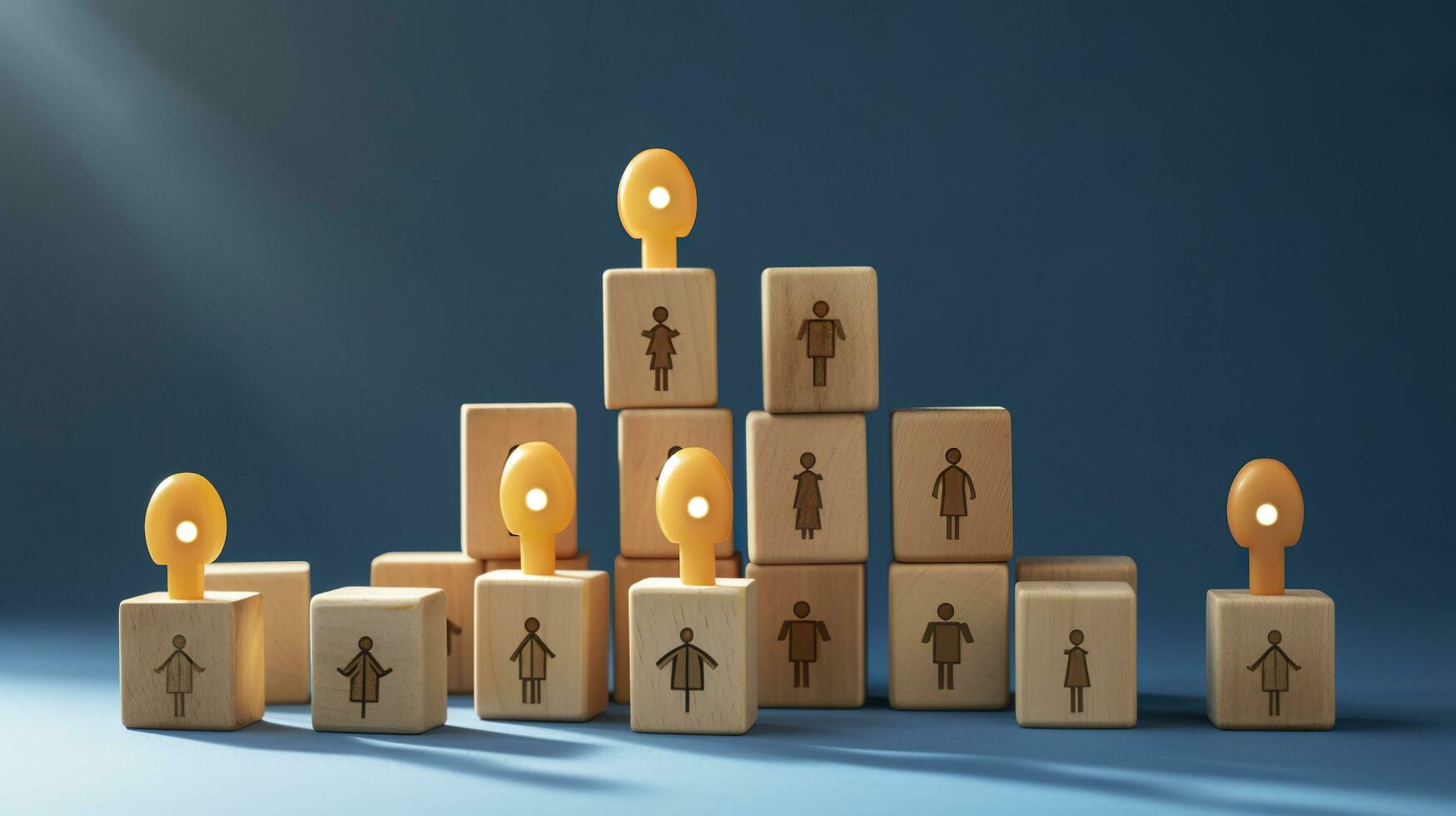 AI generated Many wooden cubes with people symbols and one with a lightbulb symbol on blue background. AI Generative photo