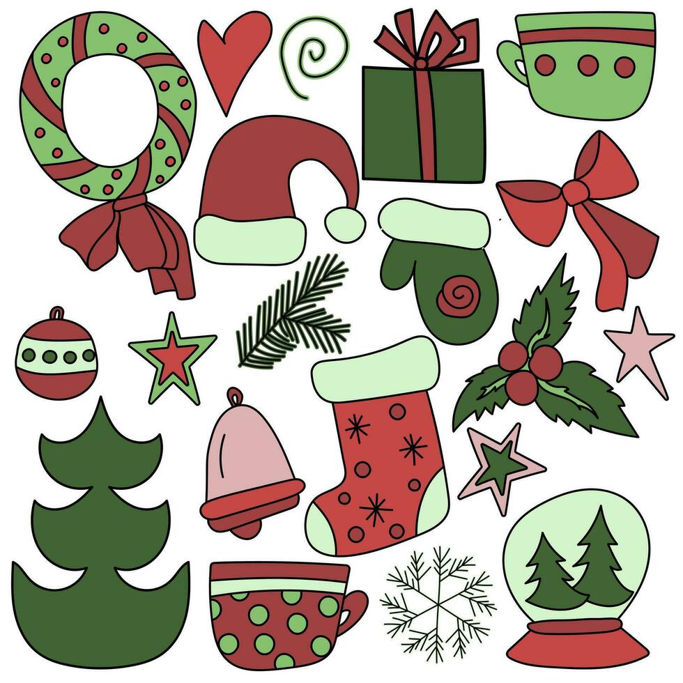 Christmas symbols in doodle style, festive attributes and objects in green and red shades vector