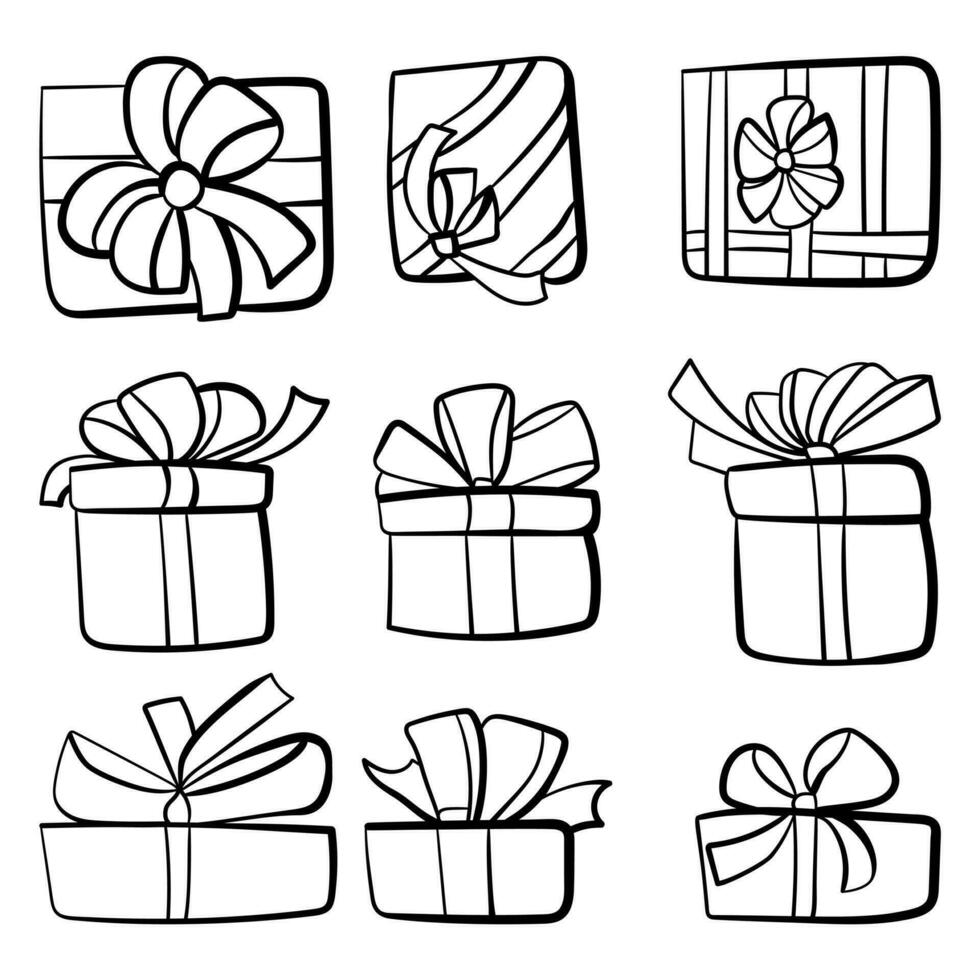 Set of doodle gift boxes with bows, party supplies outline top and side view vector