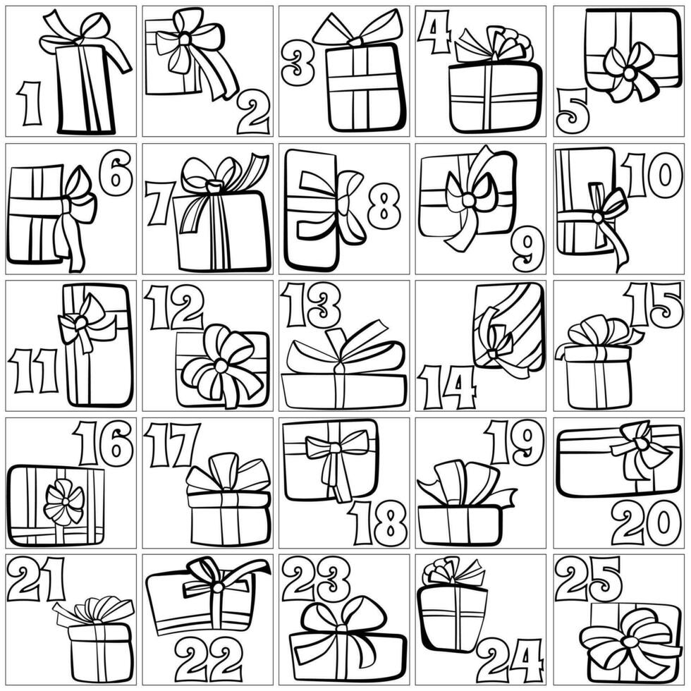 Simple outline advent calendar with dates and gifts, holiday activity coloring page for Christmas vector