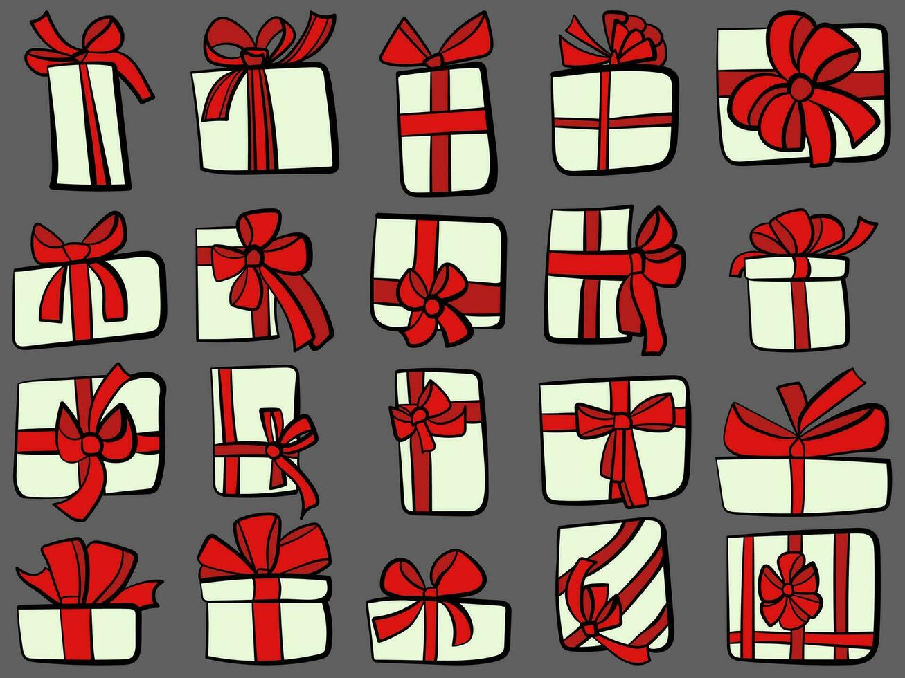 Set of doodle gift boxes with red bows, festive packaging with bright ribbons vector