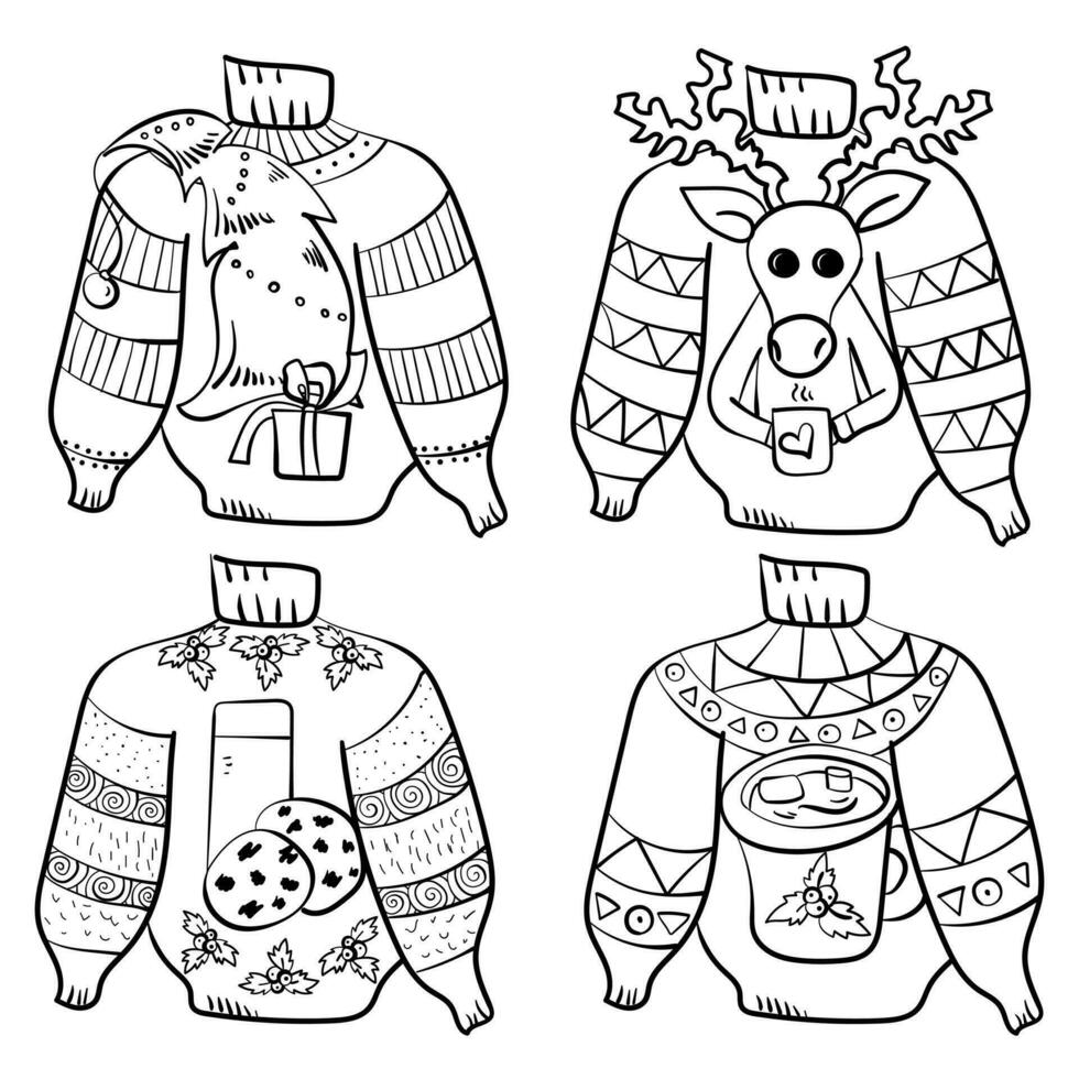 Ugly sweater set of outline coloring pages, traditional Christmas clothes with funny patterns vector