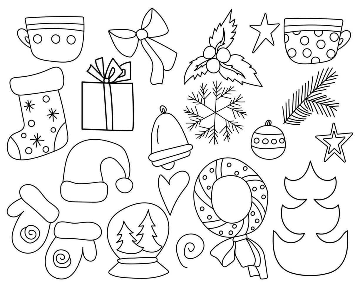 Christmas outline doodle set, holiday symbols and objects vector