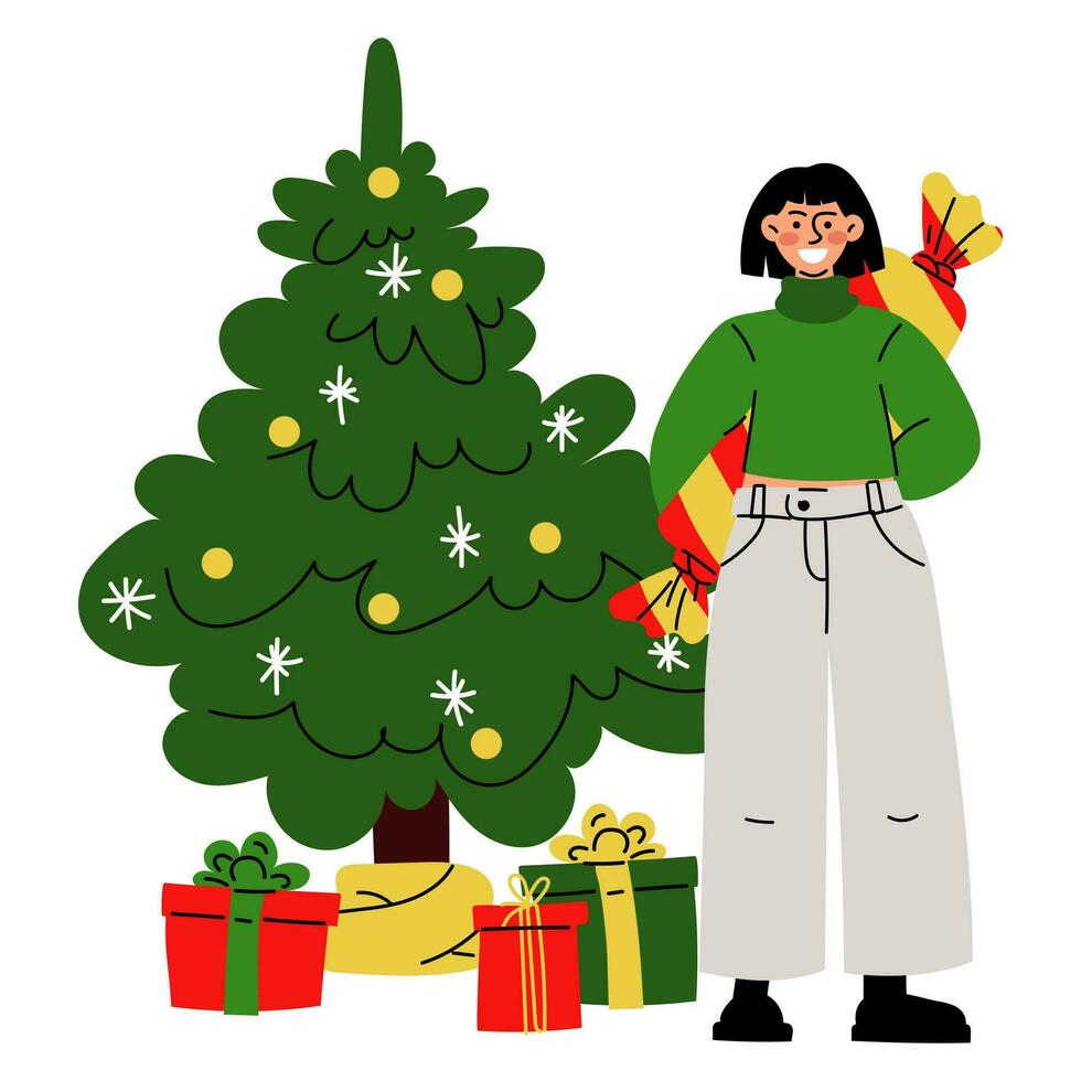 Christmas illustration in which a girl holds a gift in the form of a candy behind her back against the background of a Christmas tree. It's time to give gifts. Vector. Merry Christmas, Happy New Year vector