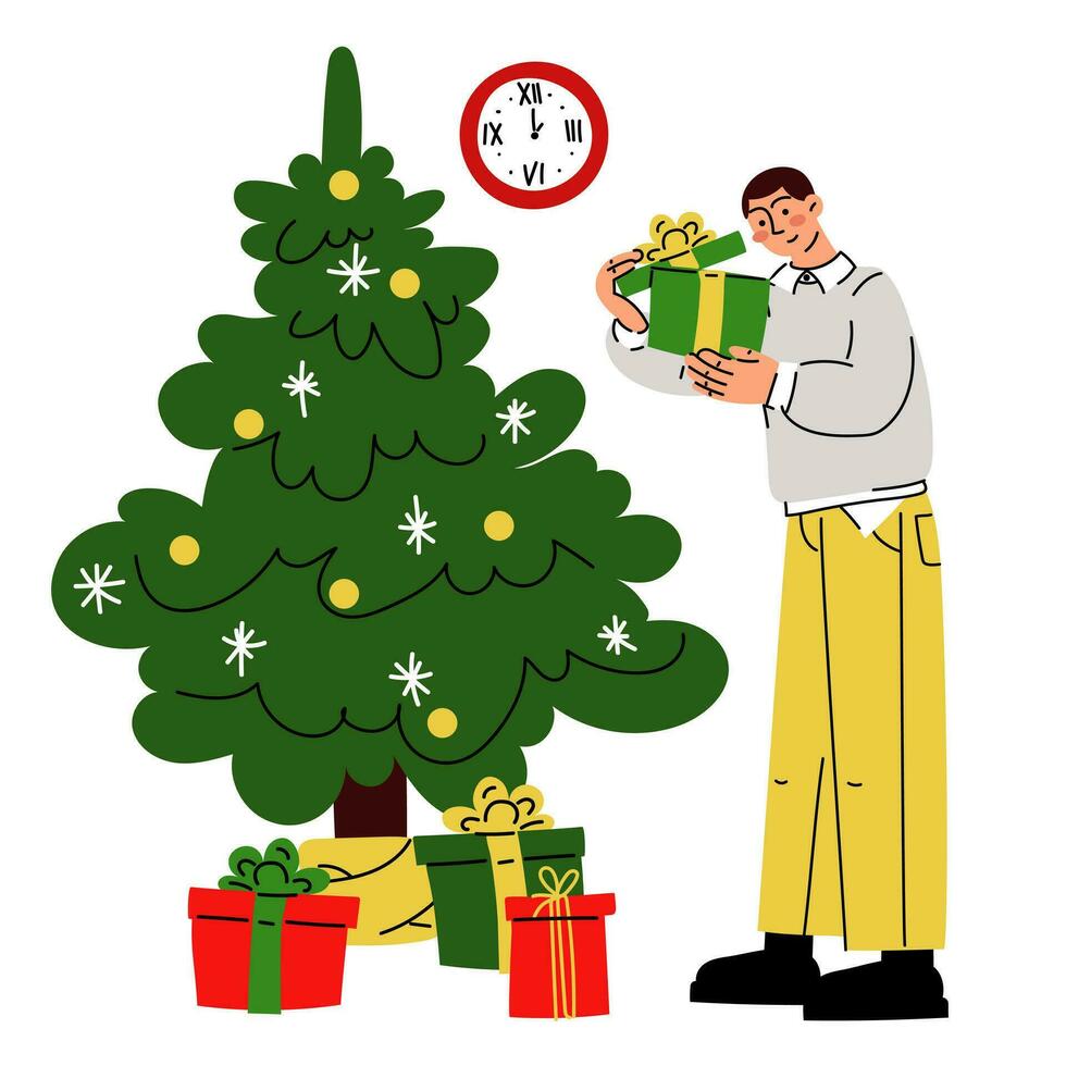 A Christmas illustration in which a guy opens a box near a Christmas tree with other boxes. It's time to give gifts. Unpacking a gift. Vector. Gifts and surprises. Merry Christmas, New Year vector