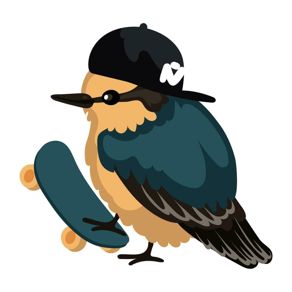 A sparrow or a bird in a cap. A fashionable bird on a skateboard. Vector illustration of an isolated bird with a cap and a skateboard, standing holding a skate on a white background. A sporting bird