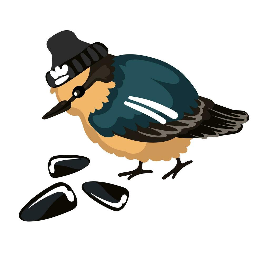 A cute sparrow in a sports uniform with seeds. Funny cartoon illustration of a small bird. Urban bird on the sport, hat, sports patches on the wings. The thunderstorm of the area, a dangerous bird vector