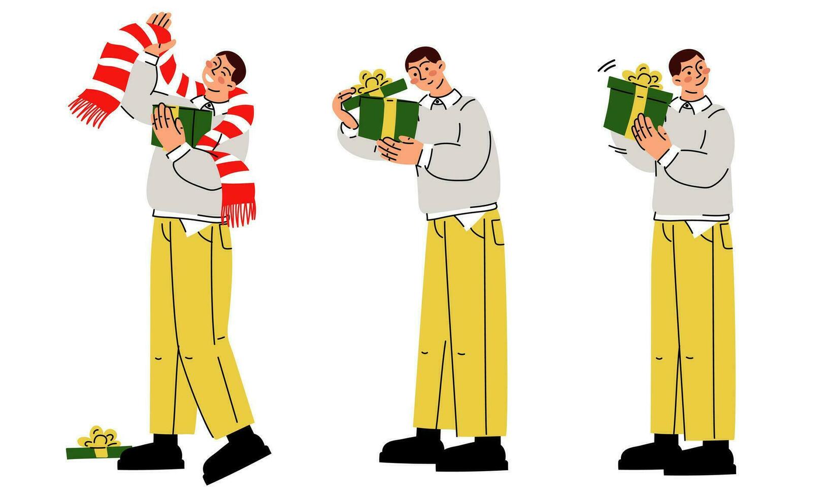 A set of one guy in different poses opens a gift. A scarf is given as a gift for a holiday. Birthday, New Year, Christmas, Valentine's Day. Colored striped. Isolated vector, characters vector