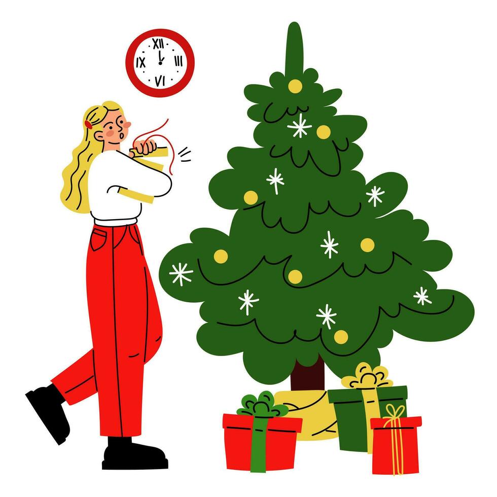 A Christmas illustration in which a girl opens a box near a Christmas tree with gift boxes. It's time to give gifts. Unpacking a gift. Vector. Gifts and surprises. Merry Christmas, New Year vector