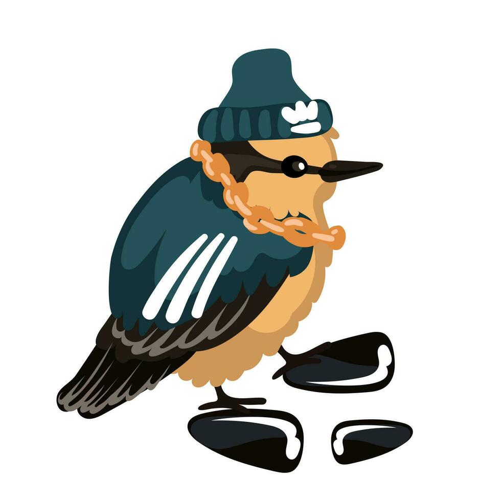 A cute sparrow in a sports uniform with seeds. Little bird funny cartoon vector illustration. Gold chain, hat, sports stripes on the wings. Thunderstorm of the area, dangerous bird, boss