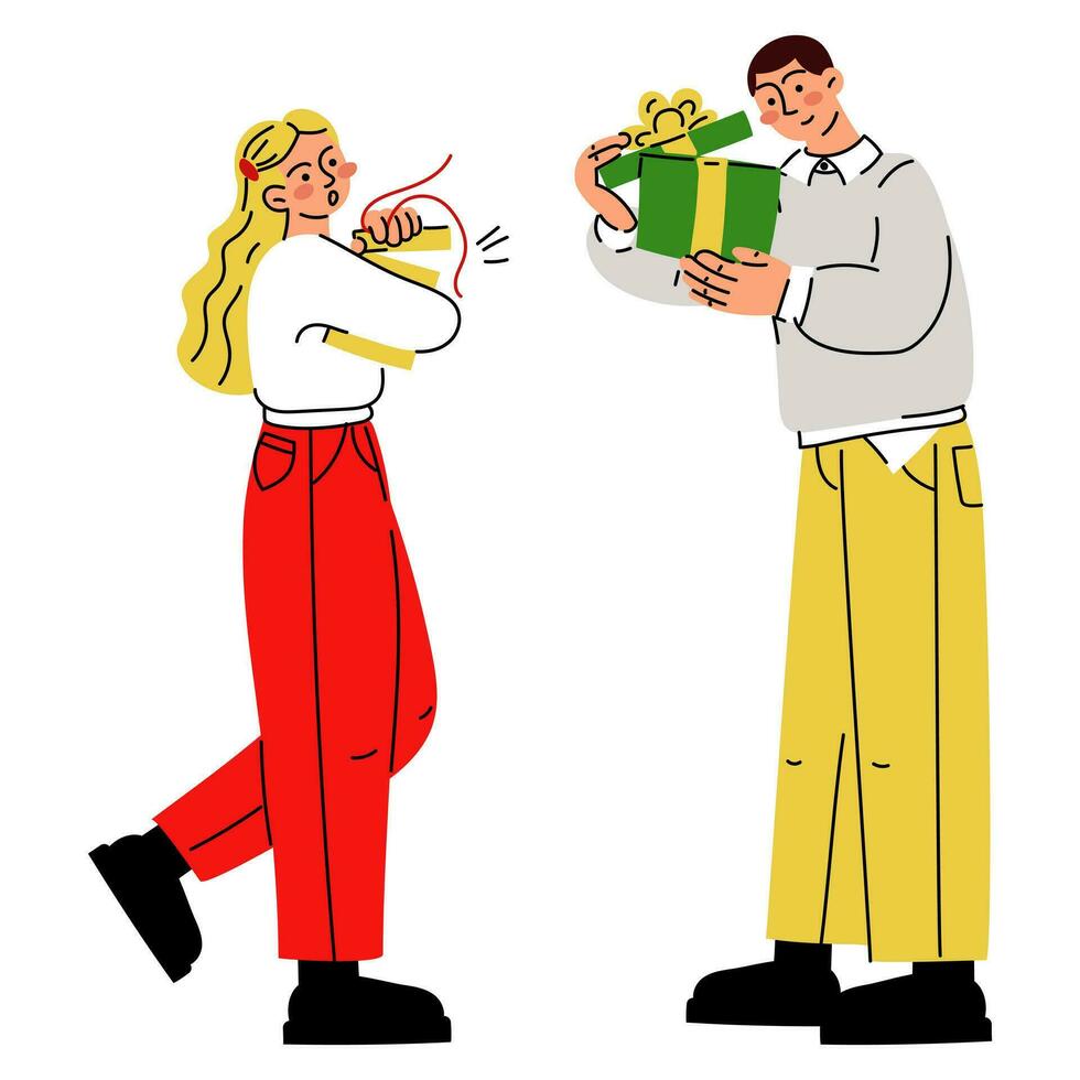 A bright couple gives each other gifts on a white background. Vector guy and girl, vector flat illustration of opening gifts, emotions. Exchange of gifts. A surprise gift box. Christmas, New Year