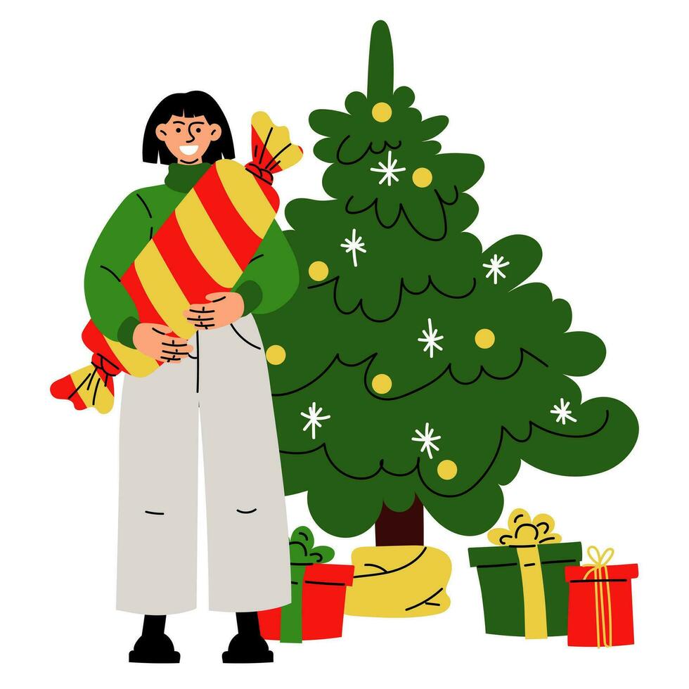 Navidad ilustración en cuales un niña sostiene un regalo en el formar de un caramelo en contra el antecedentes de un Navidad árbol. es hora a dar regalos. vector. sorpresas alegre Navidad, contento nuevo año vector