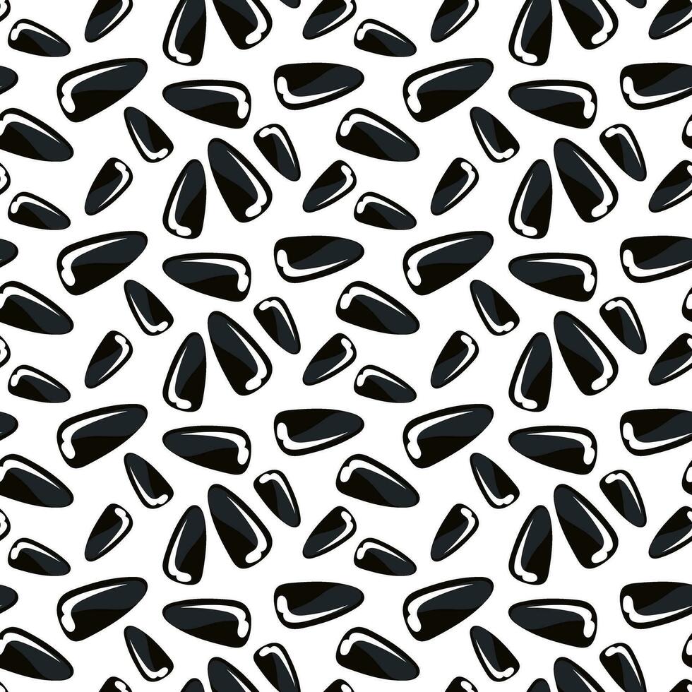 Hand-drawn sunflower seeds. Vector seamless pattern with repeating elements. Monochrome texture of black sunflower seeds