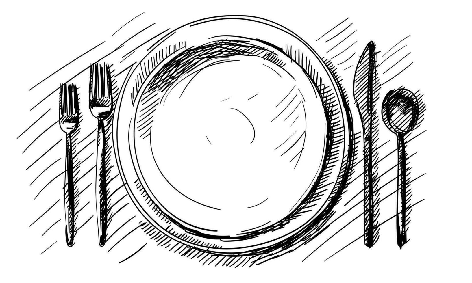 A hand-drawn sketch of the service for the wedding ceremony. Preparation for the wedding ceremony. Plates, knife, spoon, fork. A portion. On a white background vector