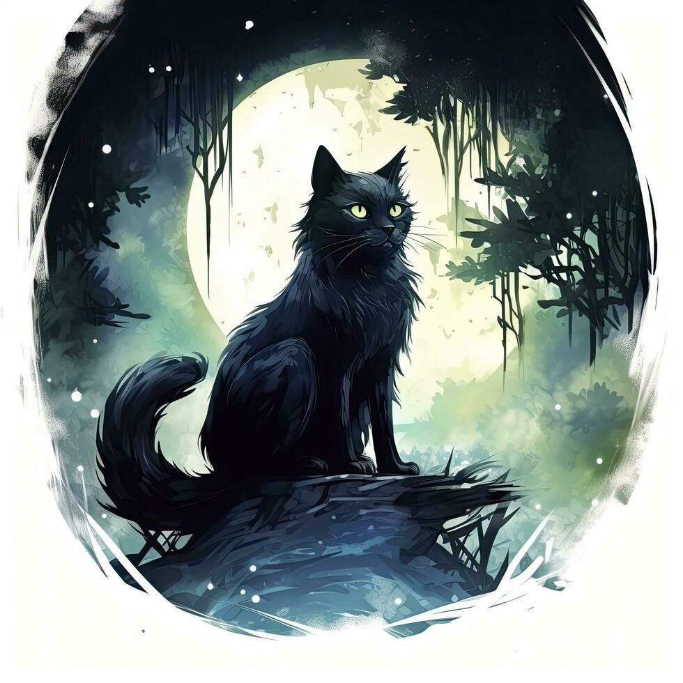 AI generated Black Cat in Moonlit Forest. Watercolor for T-shirt design. AI Generated photo