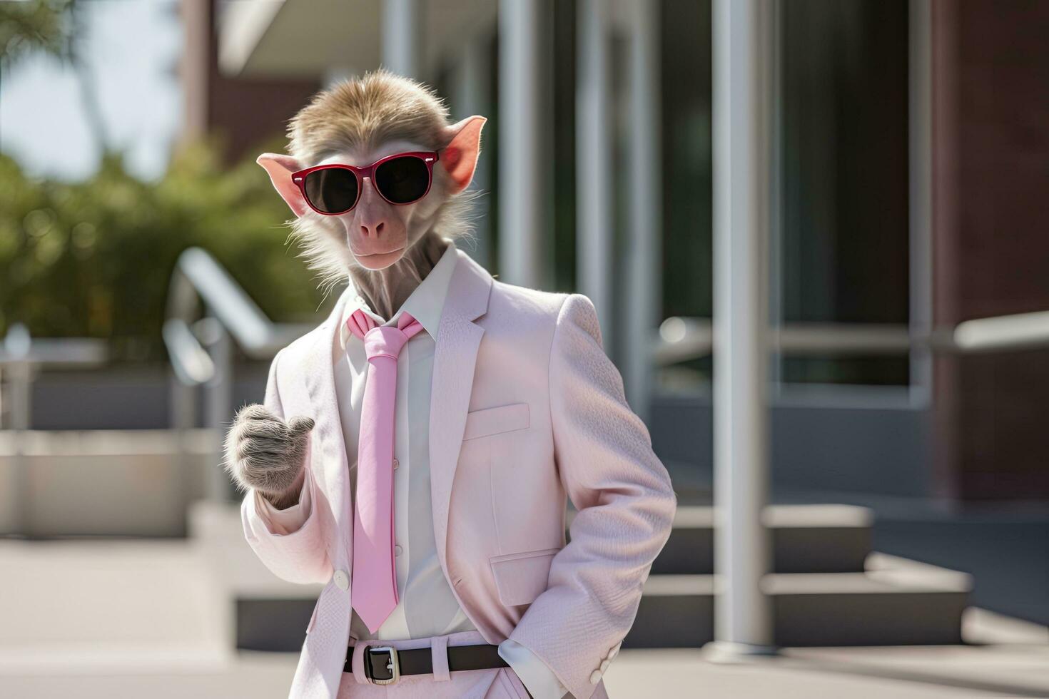 AI generated A Monkey is wearing sunglasses, suit and standing on street. AI Generated photo