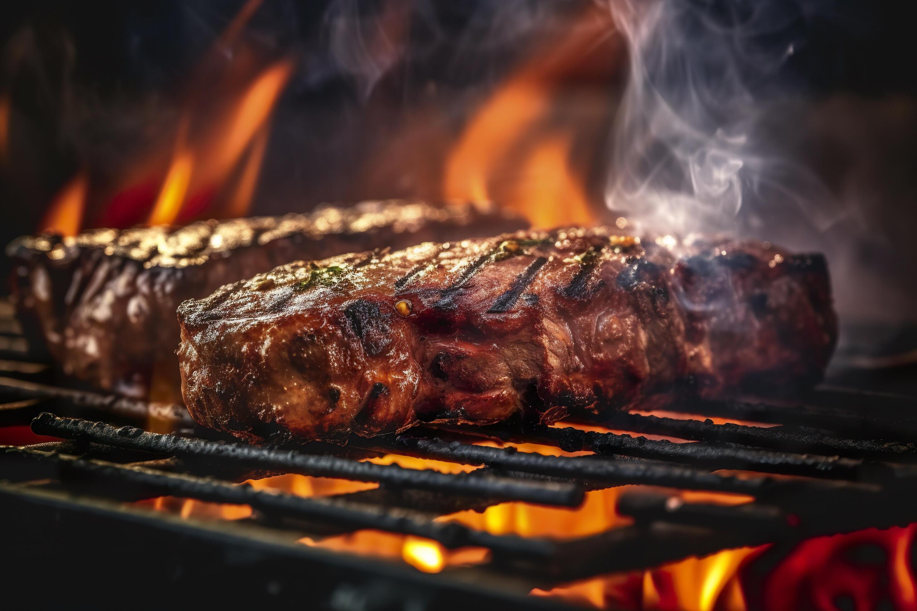 AI generated Meat grilling on a charcoal grill with smoke rising. AI