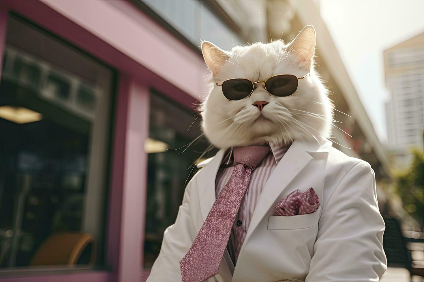AI generated A cat is wearing sunglasses, suit and standing on street. AI Generated photo