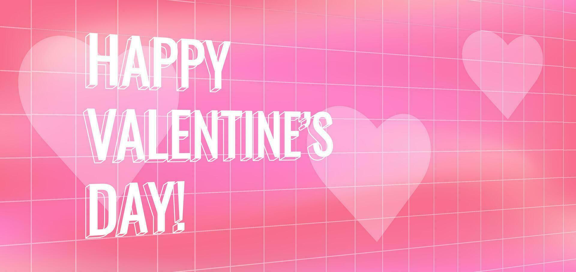 Valentine's Day banner and greeting with 3d dimensional text in a Y2K aesthetic design with grid and heart symbols on the background. Vector illustration.