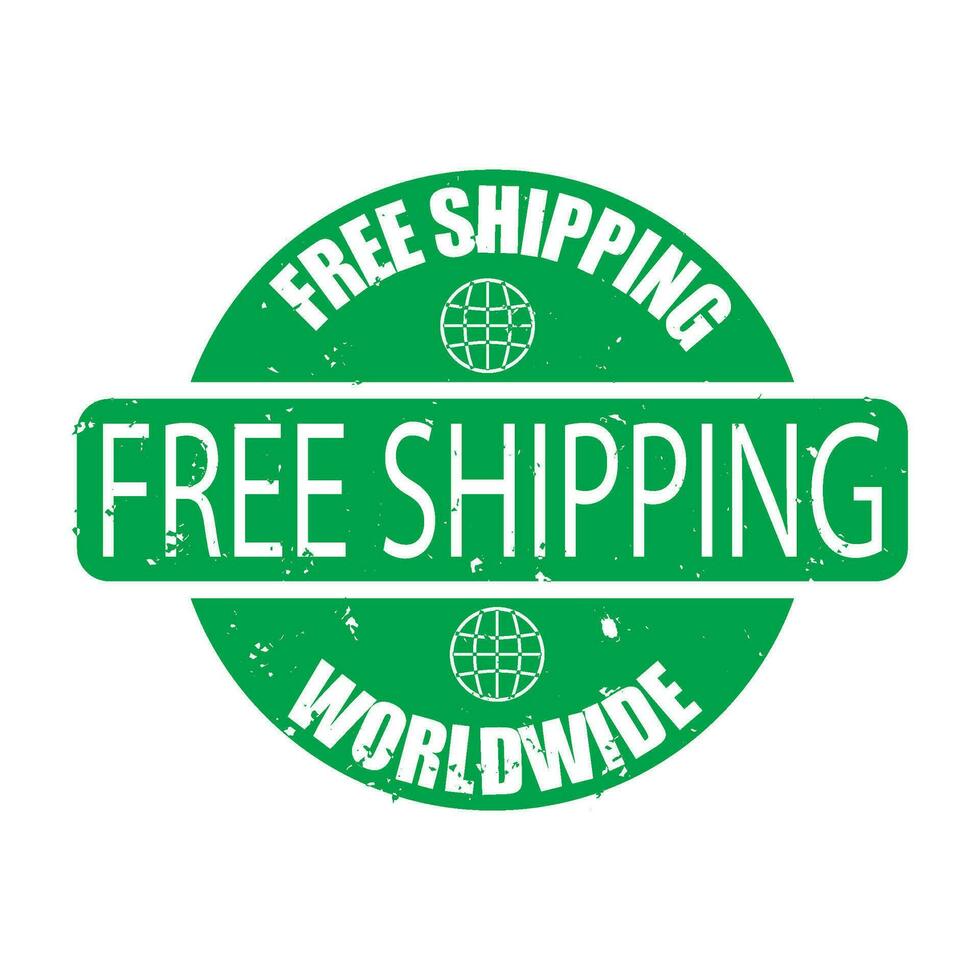 Free shipping wordwide rubber green stamp isolated on white background. Free shipping worldwide seal stamp, everywhere transportation. Vector illustration