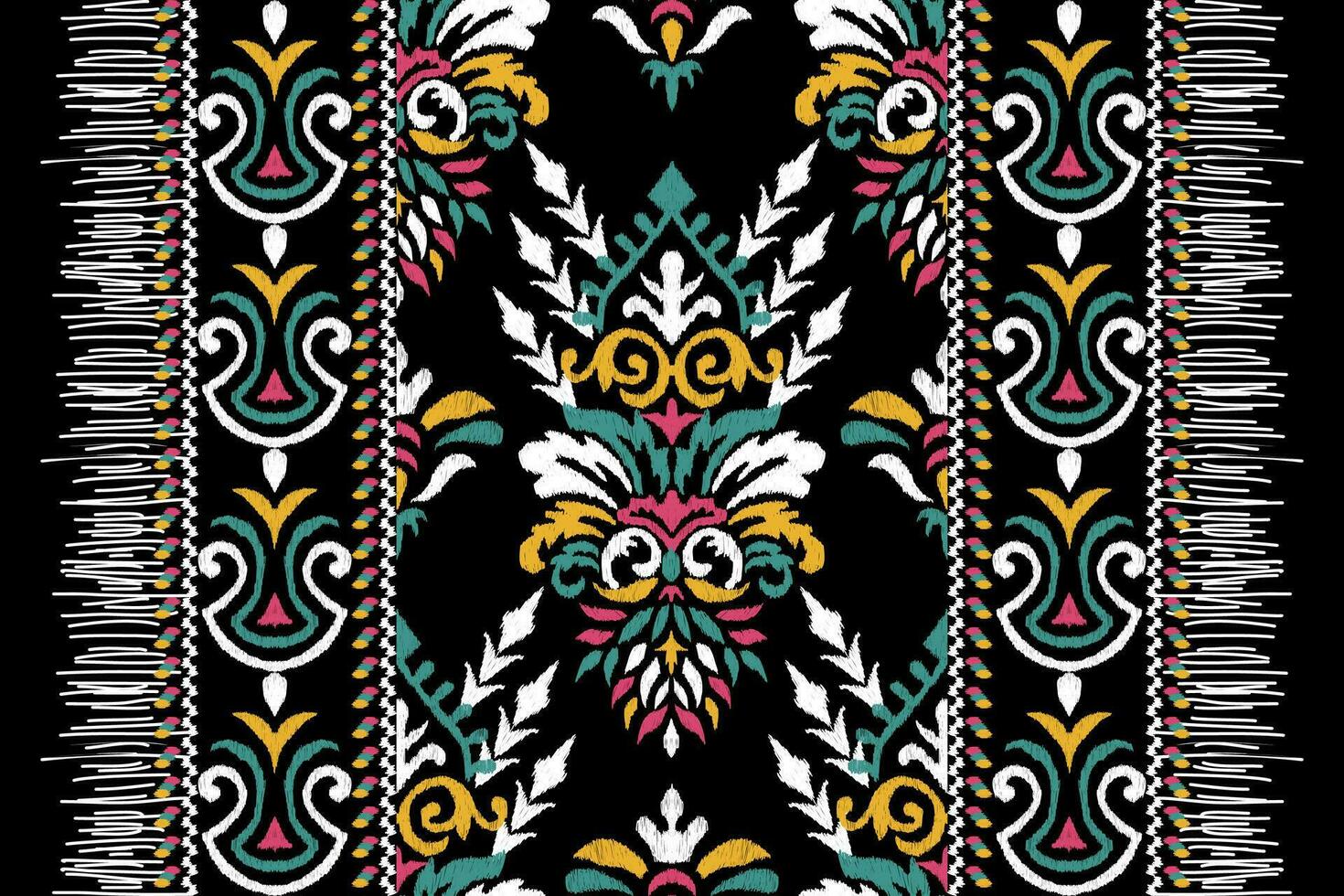 Ikat floral paisley embroidery on black background.Ikat ethnic oriental pattern traditional.Aztec style abstract vector illustration.design for texture,fabric,clothing,wrapping,decoration,scarf,carpet