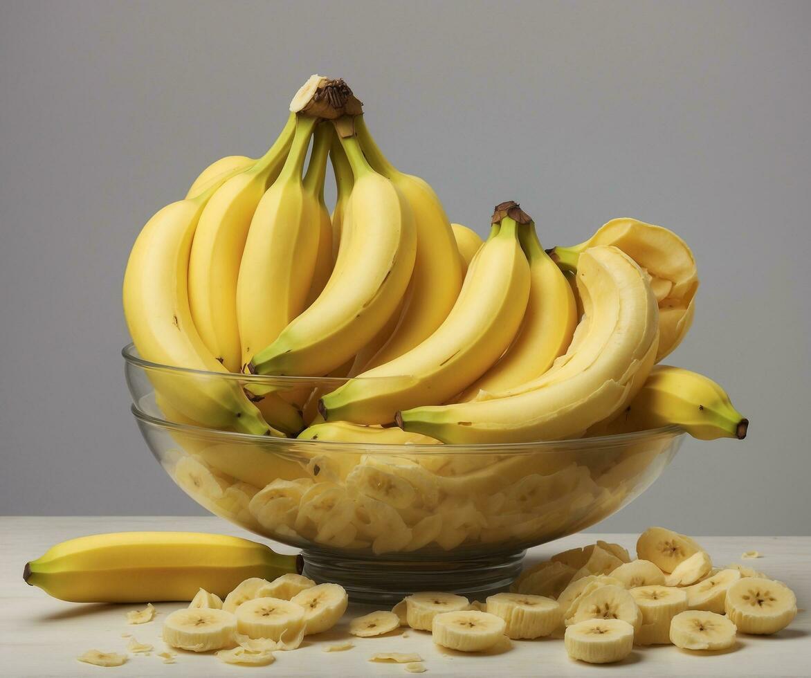 AI generated Bowl of fresh bananas on the table against a grey background, closeup photo
