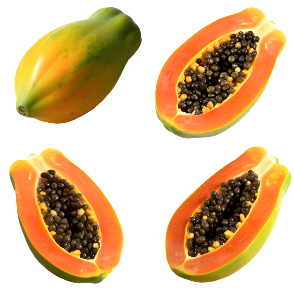 AI generated fresh papaya fruit and sliced isolated on transparent background png