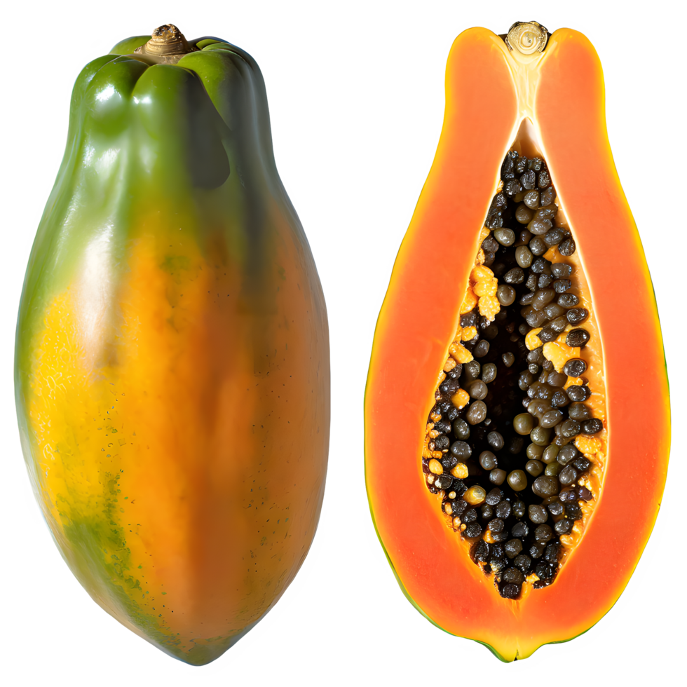 AI generated fresh papaya fruit and sliced isolated on transparent background png
