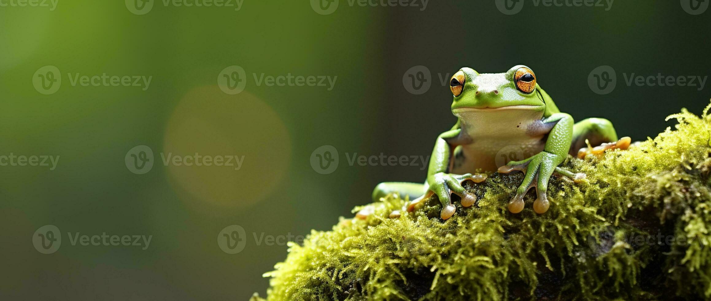 AI generated Green tree frog sitting on moss in the rainforest. Wildlife scene from nature. photo