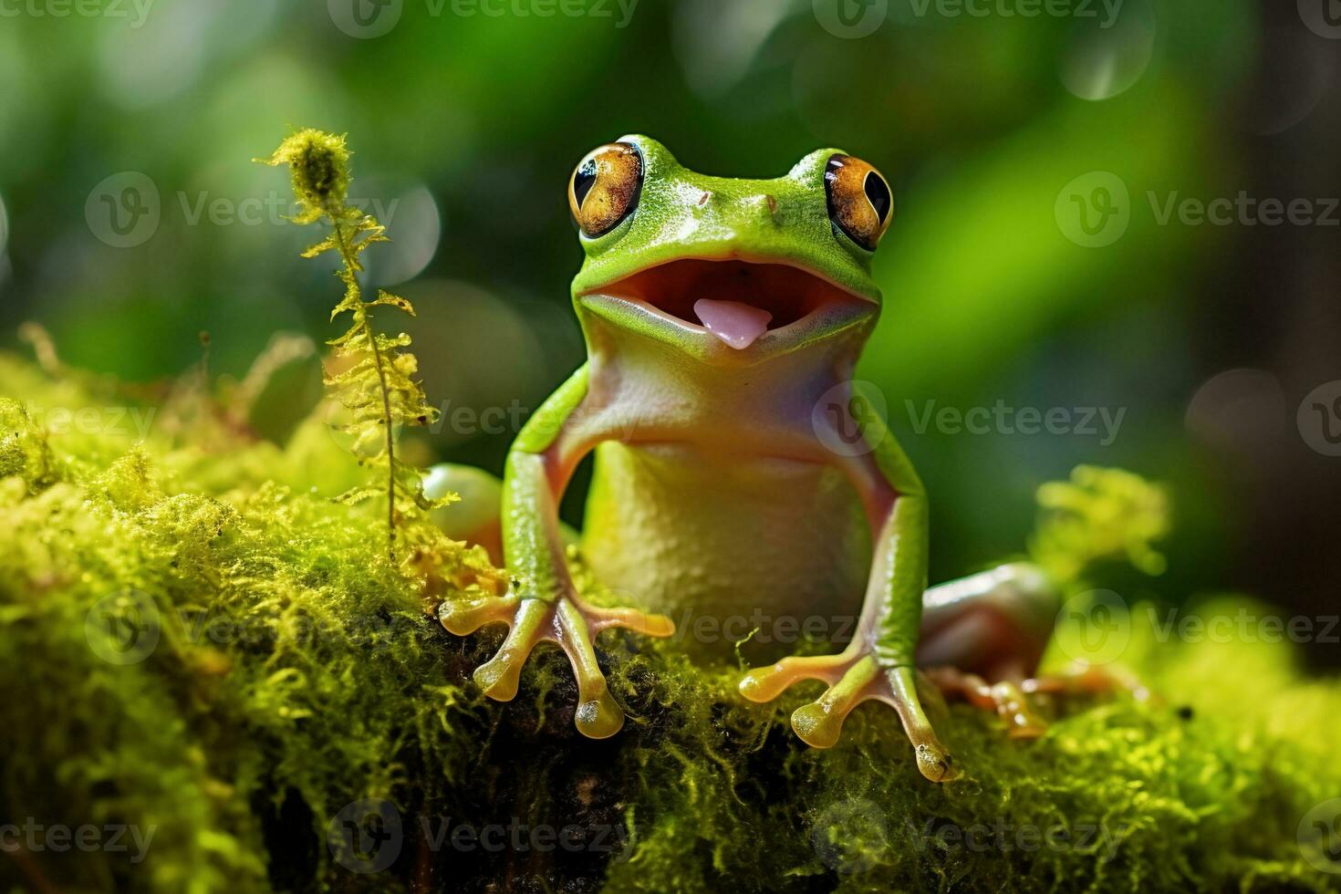 ai generado verde árbol rana sentado en musgo en el selva. fauna silvestre escena desde naturaleza. foto