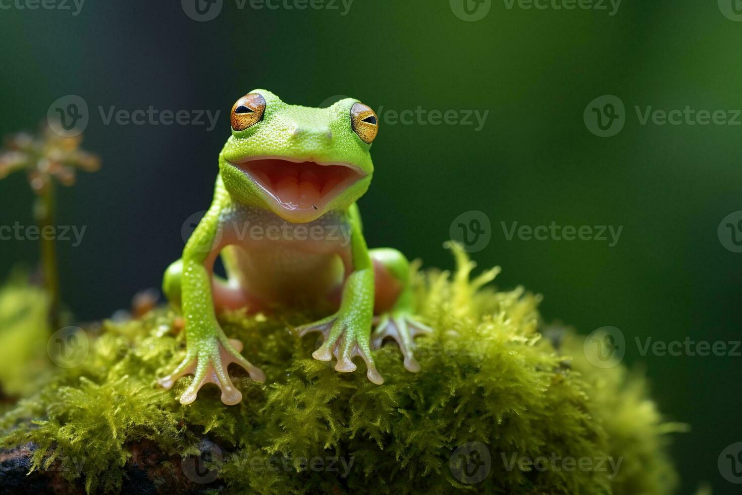 ai generado verde árbol rana sentado en musgo en el selva. fauna silvestre escena desde naturaleza. foto