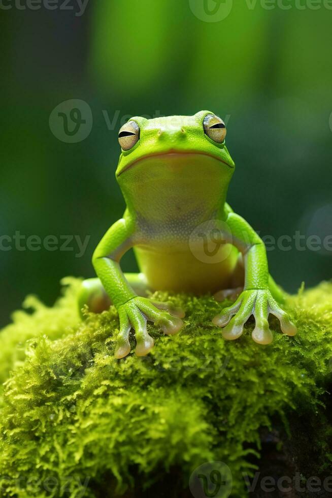 AI generated Green tree frog sitting on moss in the rainforest. Wildlife scene from nature. photo