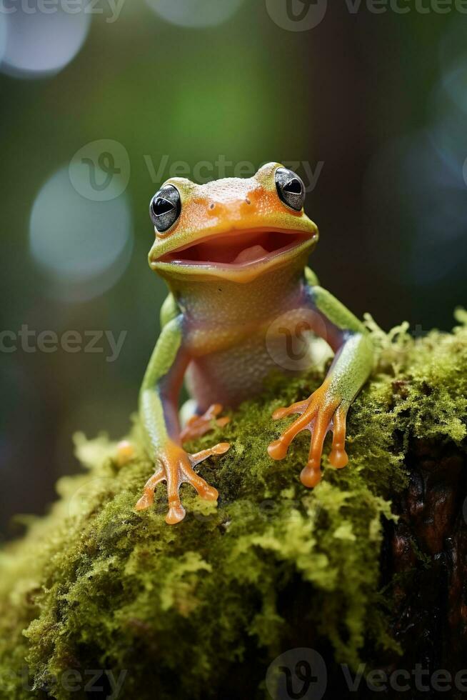 ai generado verde árbol rana sentado en musgo en el selva. fauna silvestre escena desde naturaleza. foto