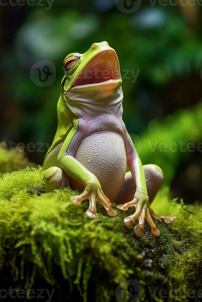AI generated Green tree frog sitting on moss in the rainforest. Wildlife scene from nature. photo