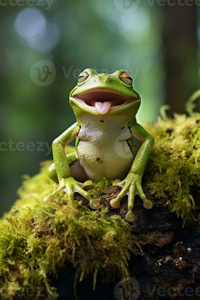 AI generated Green tree frog sitting on moss in the rainforest. Wildlife scene from nature. photo