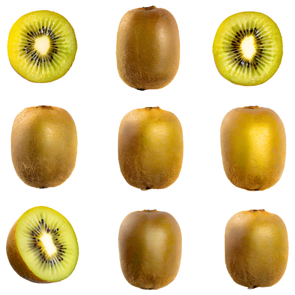 ai gegenereerd vers gouden kiwi gesneden geïsoleerd Aan transparant achtergrond png