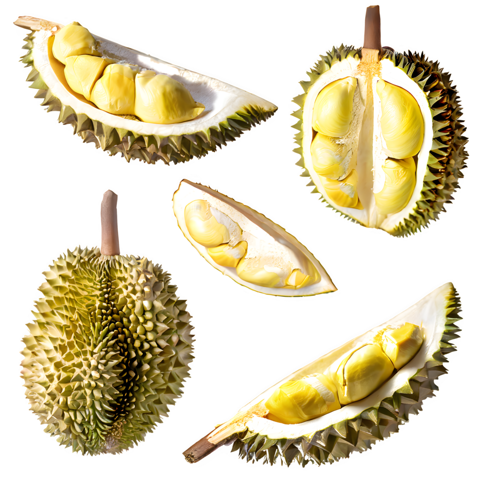 AI generated durian fruit and sliced isolated on transparent background png