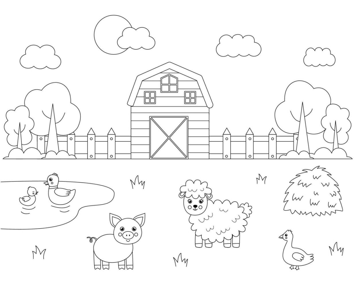 Color farm landscape with cute animals. Educational coloring page for kids. vector