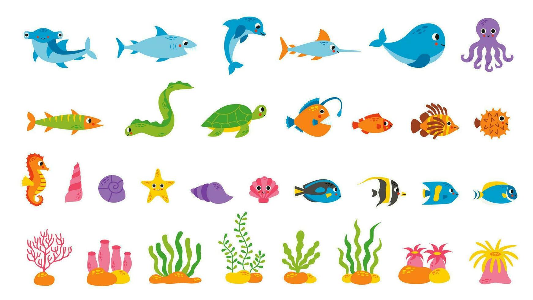 Set of cute sea animals in cartoon style on white background. vector