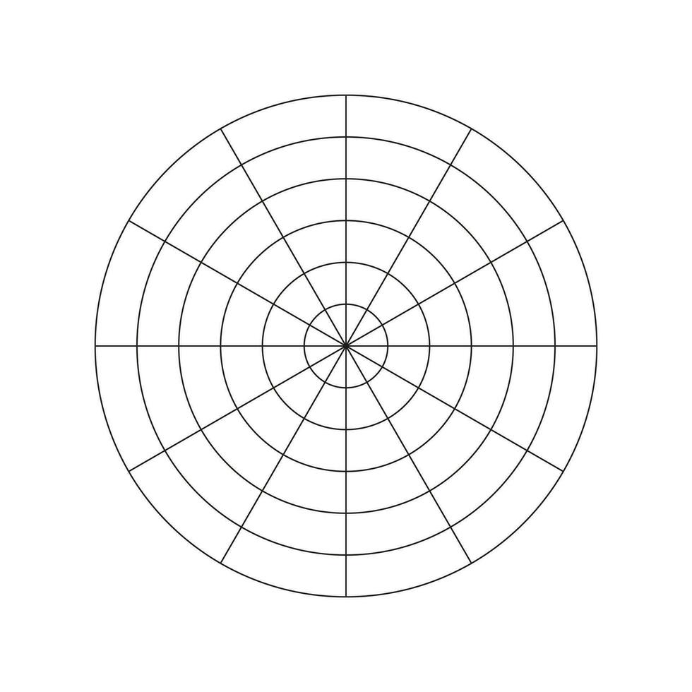 Simple coaching tool for visualizing all areas of life. Polar grid of 12 segments and 5 concentric circles. Circle diagram of lifestyle balance. Wheel of life template. Vector blank polar graph paper.