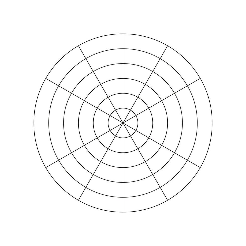 Simple coaching tool for visualizing all areas of life. Polar grid of 12 segments and 5 concentric circles. Circle diagram of lifestyle balance. Wheel of life template. Vector blank polar graph paper.