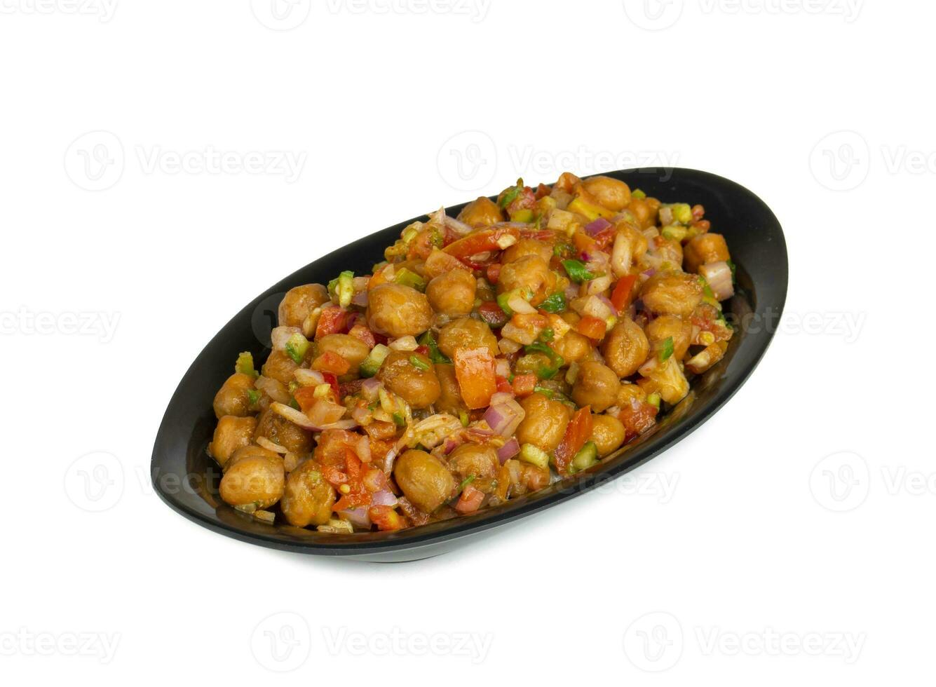 Indian Street Breakfast Chana Chaat Also Know as Chana Masala, Chola Chana Chaat, Chola Masala, Chickpea Masala, Black Chickpea Chaat or Kala Chana Chat on White Background photo