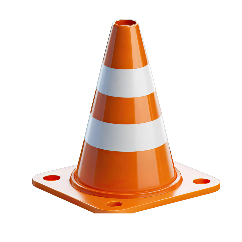 AI generated orange realistic road traffic plastic cone with white stripes isolated on transparent background png