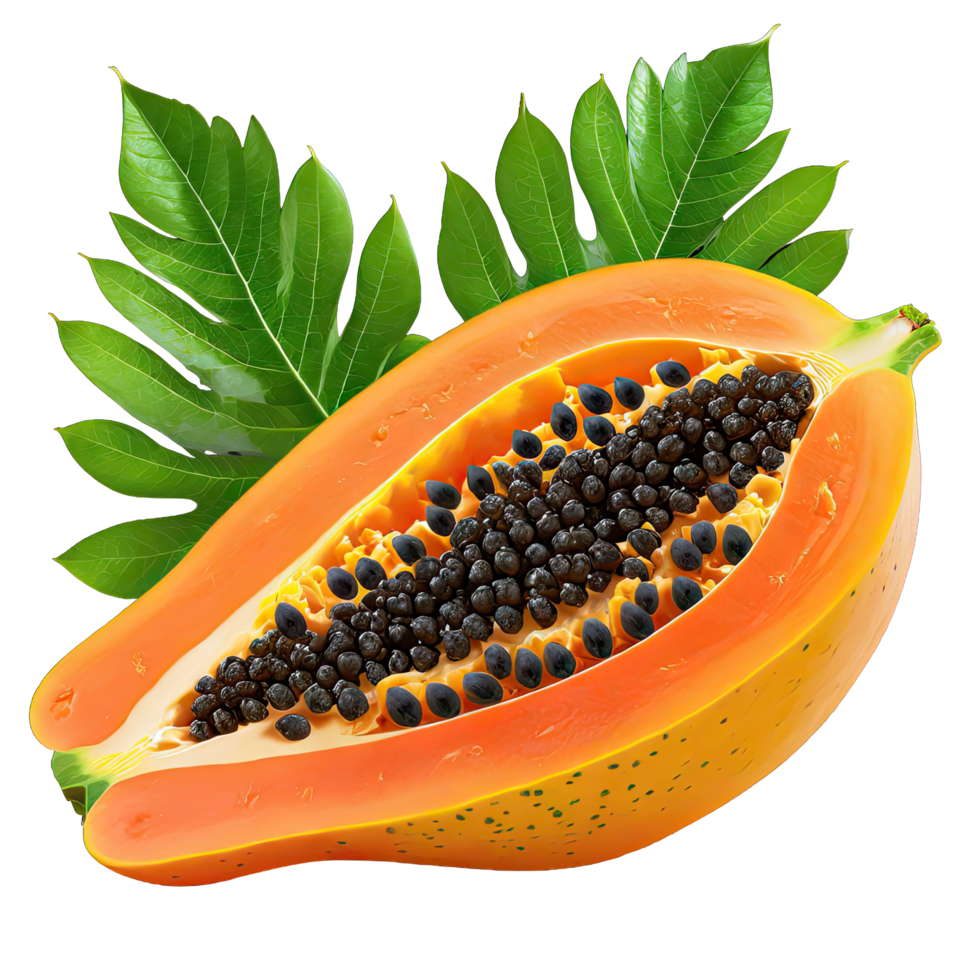 AI generated cut up of a papaya cut in half with a green leaf isolated on transparent background png