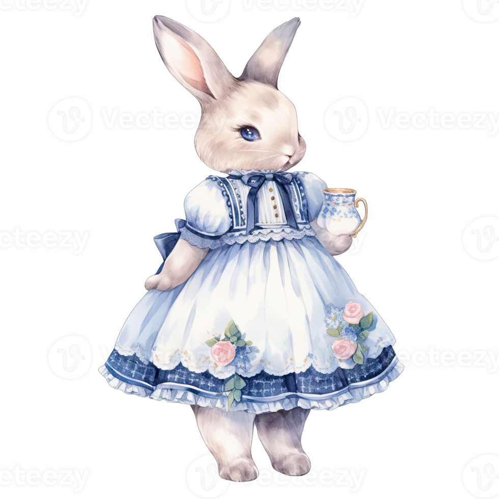 AI generated Rabbit wear an elegant blue dress at a spring afternoon tea party png