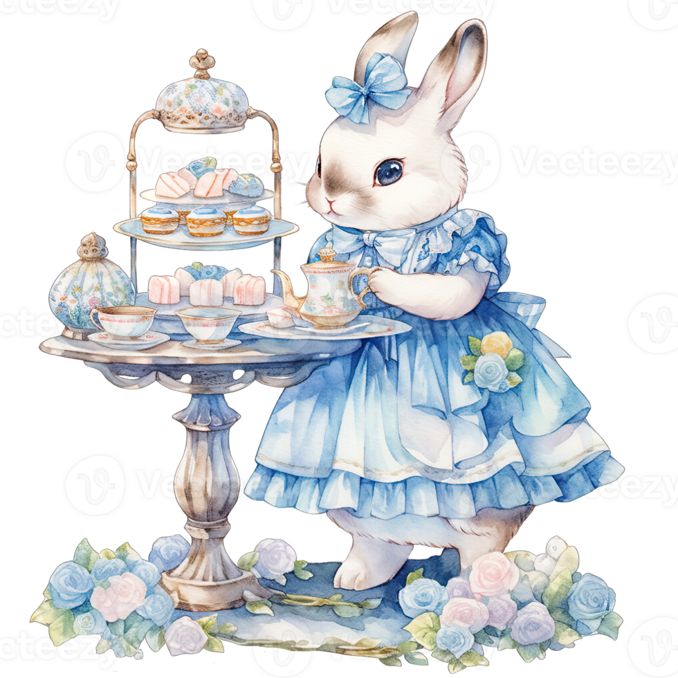 AI generated Rabbit wear an elegant blue dress at a spring afternoon tea party png