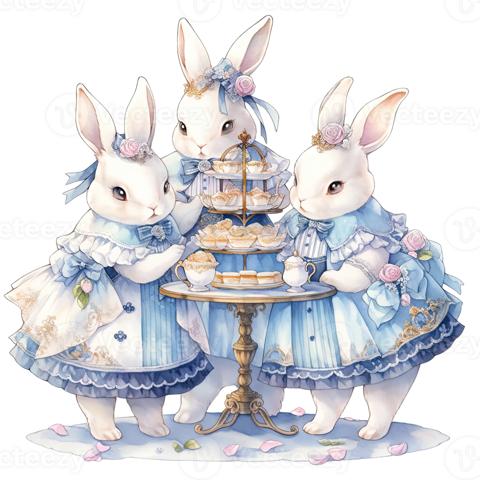 AI generated Rabbit wear an elegant blue dress at a spring afternoon tea party png