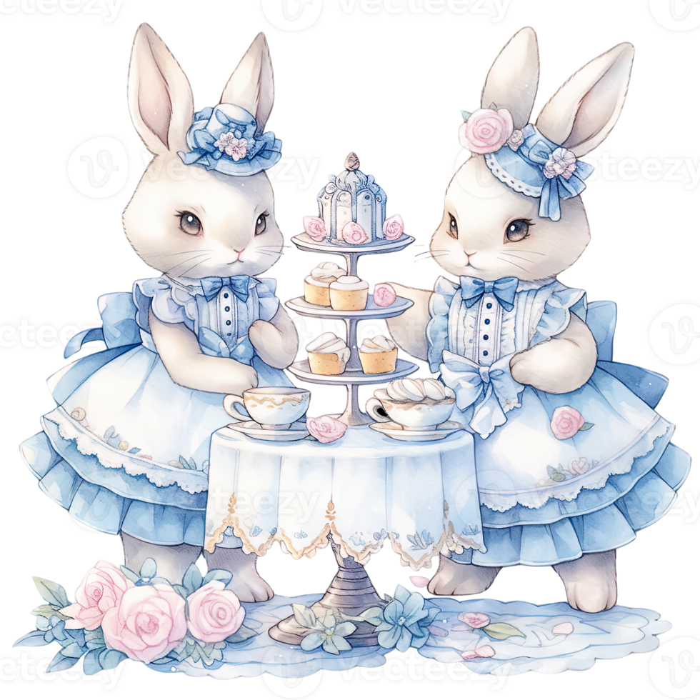 AI generated Rabbit wear an elegant blue dress at a spring afternoon tea party png