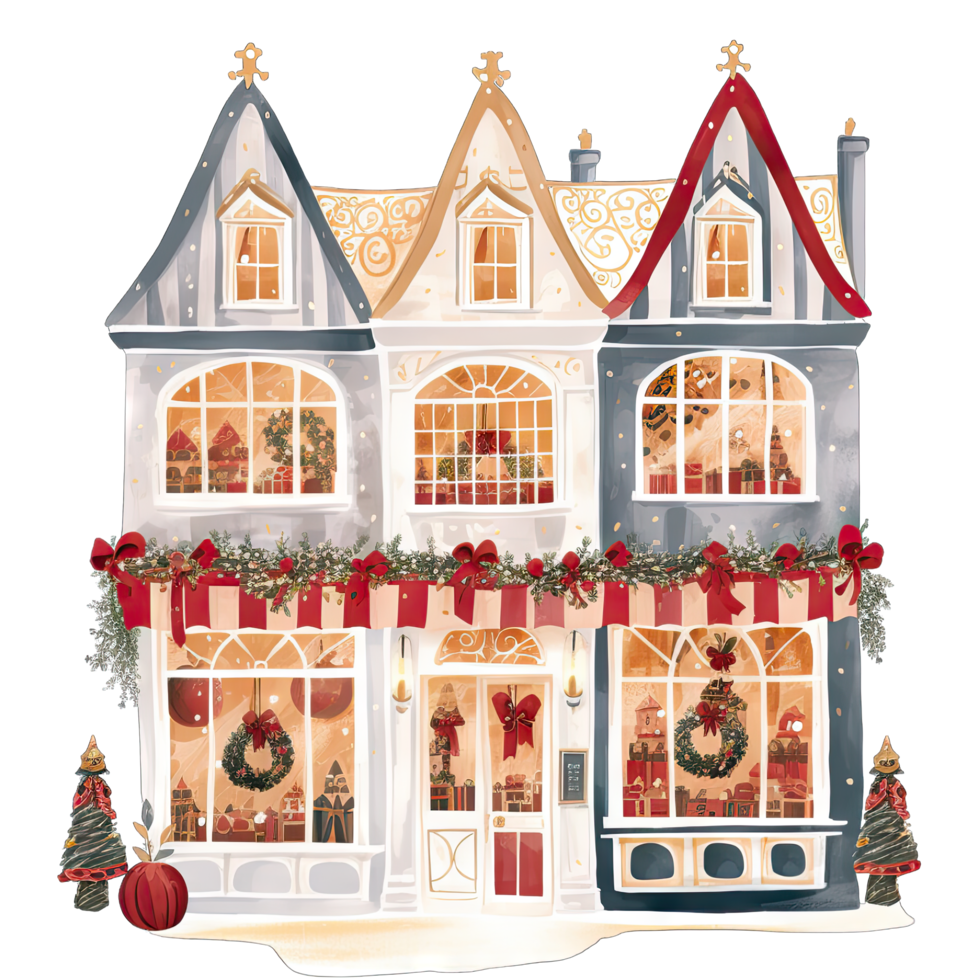 AI generated European Christmas storefront with bows and wreaths decorated for winter holidays png