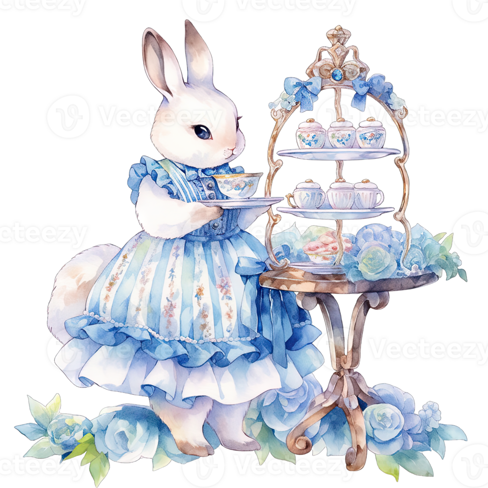 AI generated Rabbit wear an elegant blue dress at a spring afternoon tea party png